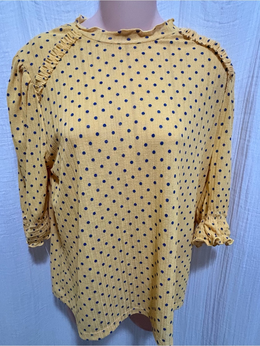 ZARA Womens Size Small Yellow Blouse Blue Polka Dot Stretch Crepe Smocked Sleeve